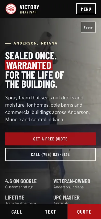 Victory Spray Foam website on a phone